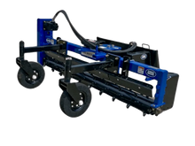  A blue and black MTW brand power rake with black wheels.
