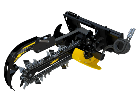 This type of machine is called a trencher.  It has a long, sharp chain that is mounted on a metal bar. The bar is attached to a motor that drives the chain. The machine has two handles that allow the operator to control it.