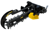 Side view of a Bigfoot 1200 standard flow trencher attachment for skid steers, featuring a black frame, yellow digging chain, and hydraulic hoses.