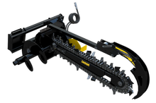  Angled view of a Bigfoot 1200 standard flow trencher skid steer attachment, showcasing its robust black steel frame, yellow trenching chain, and hydraulic system.