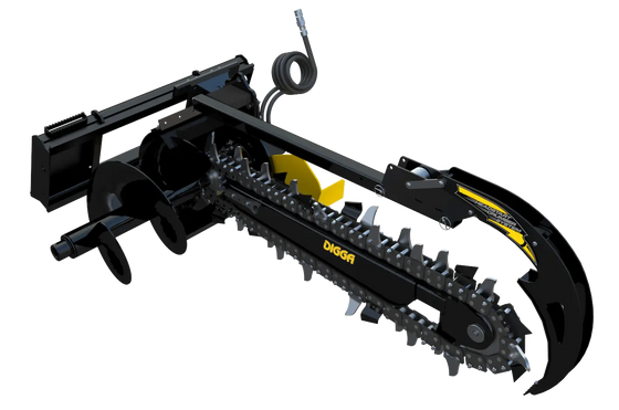 Angled view of a Bigfoot 1200 standard flow trencher skid steer attachment, showcasing its robust black steel frame, yellow trenching chain, and hydraulic system.