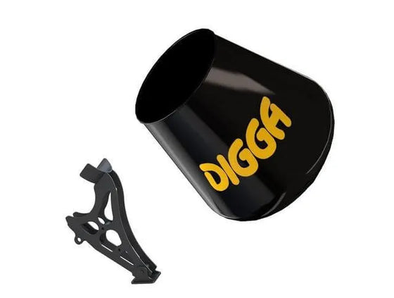  The image you sent shows a black, cone-shaped object with the word "Digger" written in yellow capital letters on its side. 