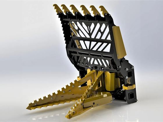 The grapple guard in the image is made of heavy-duty steel and features a number of sharp teeth or blades. These teeth help to grip and hold onto trees and other objects, preventing them from slipping or sliding off the loader.