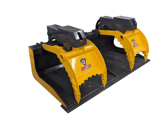 A grapple bucket attachment for a skid steer loader. It is yellow and black, and it has two halves that open and close to grab and move objects. 
