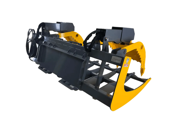 A close-up of the teeth of a yellow and black grapple rake attachment. The teeth are made of heavy steel and are designed to grip and hold debris securely.