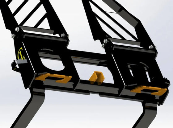 The attachment has a skid steer loader quick attach plate, as well as  forks that can be adjusted to different widths. 