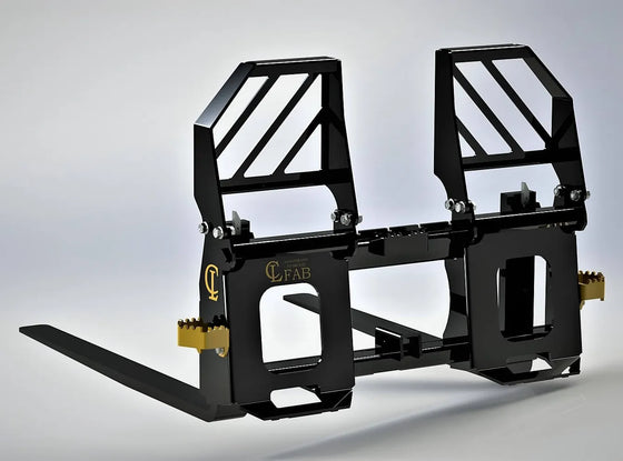The image shows a close-up of a forklift attachment called an EZ-Pallet Forks.