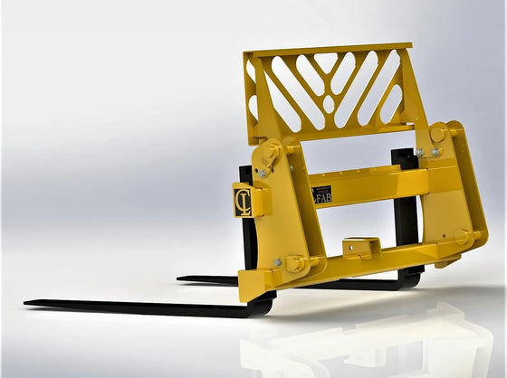 The attachment has a skid steer loader quick attach plate, forks that can be adjusted to different widths, and what appears to be a hydraulic cylinder mechanism. 
