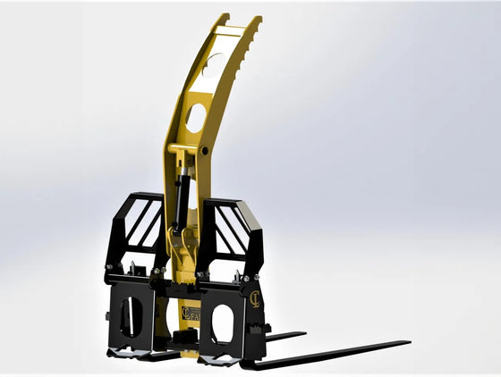 A pallet fork grapple, a type of forklift attachment used for handling pallets.