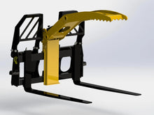  A 3D model of a forklift with a clamp attachment. The forklift is black, and the clamp is yellow.
