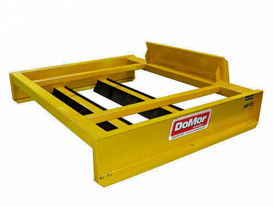 A yellow DoMor SSF-72 skid steer attachment, used for grading and leveling surfaces. The attachment has an open-box design and black and yellow branding.