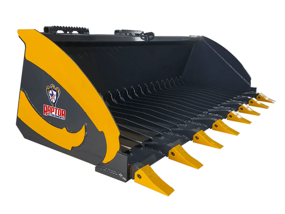 A black and yellow Raptor brand bucket attachment with yellow teeth on a gray background. The Raptor is a skid steer attachment used for landscaping, construction, and demolition work.