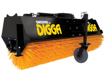  The image shows a black and yellow sweeper attachment on a gray background. The sweeper attachment is called a Digga Angle Broom Attachment and is used on skid steer loaders. 