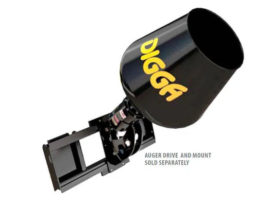 The image shows a Digga Cement Micer Attachment. It’s a yellow attachment mounted on a skid steer loader. 