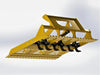 Digital image of a yellow land leveler attachment.