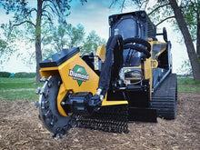  A photorealistic image of a powerful skid steer with a stump grinder attachment.