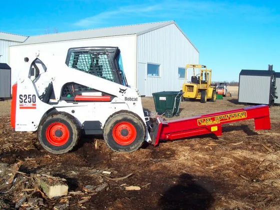 A Bobcat skid steer with a Pro Series Wood Splitter attachment parked on a pile of logs.